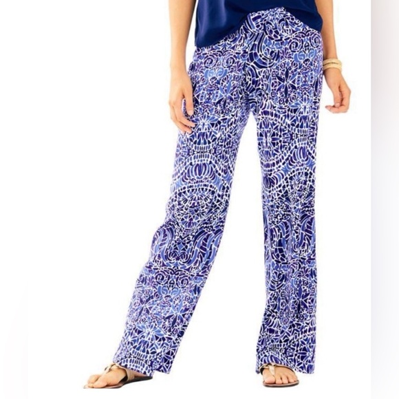 Lilly Pulitzer Bal Harbour Palazzo Pants Blue White Taverna Tile Allover Small - Picture 2 of 10